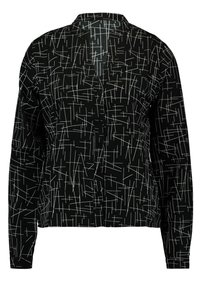 Svart skjorta med knappar och långa ärmar, med ett abstrakt vitt linjärt mönster och en kragenacke. Slät textur.