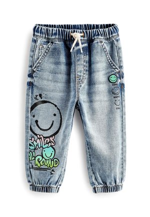 Hellblaue Jeans-Jogginghosen mit elastischem Bund und Bündchen, Vordertaschen sowie bunten Smileys und dem Schriftzug "smiles all round".