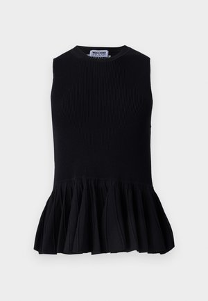 Schwarzes ärmelloses Top aus geripptem Stoff, mit einem ausgestellt plissierten Saum. Das Design hat einen runden Halsausschnitt und eine strukturierte Oberfläche.
