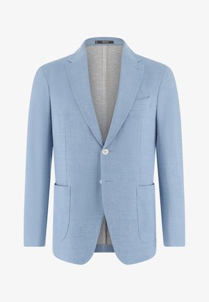 Lichtblauwe herenblazer met inkeping revers, twee voorzakken met klep, twee witte knopen en een borstzak met boord, open voorkant met voering.