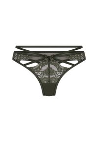 Olijfgroene kanten string met kruislingse bandjes en een strikdetail aan de voorkant. Beschikt over bloemrijke kantpatronen en meshpanelen voor textuur.