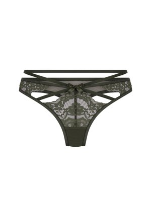 Olijfgroene kanten string met kruislingse bandjes en een strikdetail aan de voorkant. Beschikt over bloemrijke kantpatronen en meshpanelen voor textuur.