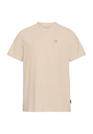 Beige t-shirt van katoen met korte mouwen en een ronde hals. Het heeft een kleine paarse pootafdrukgrafiek op de linkerborst.