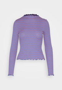 Bluzka z długim rękawem w różowe i niebieskie poziome paski. Posiada falbaniaste wykończenie dekoltu oraz szydełkowe, falowane krawędzie przy rękawach i u dołu.