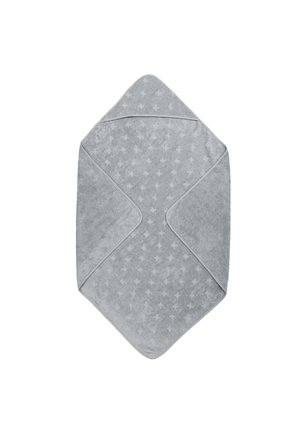 Szary ręcznik dla niemowląt z kapturem, z delikatnym wzorem gwiazdek i zaokrąglonymi krawędziami, zaprojektowany do otulania i osuszania niemowląt.