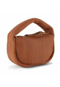 Borsa a tracolla intrecciata in pelle di colore marrone caldo, caratterizzata da una forma arrotondata, manico ad anello e superficie testurizzata con cuciture dettagliate.