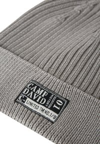 Gray knit beanie with ribbed texture and wide cuff. Features a black label with "CAMP DAVID" and "LIMITED TM NO. 1/9" in white text.