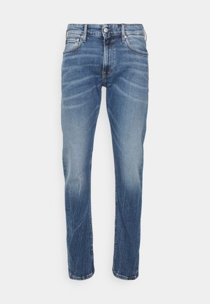Blaue Jeans mit geradem Bein, leichtem Verblassen an Oberschenkeln und Knien, klassischem Fünf-Taschen-Design und Knopfverschluss an der Taille.