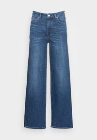 Breda denimjeans i mörkblått med hög midja, med fem fickor, dragkedja och kontrastsömmar längs sömmarna.
