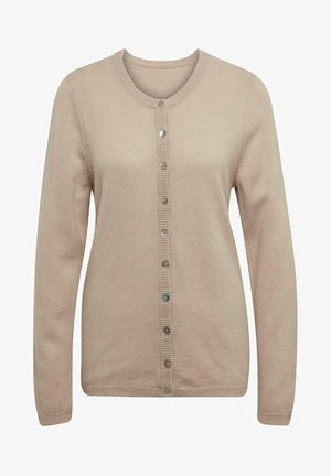 Beige Cardigan mit langen Ärmeln, rundem Ausschnitt und einer Knopfleiste, die mit bunten Knöpfen und gerippten Akzenten entlang der Öffnung versehen ist.