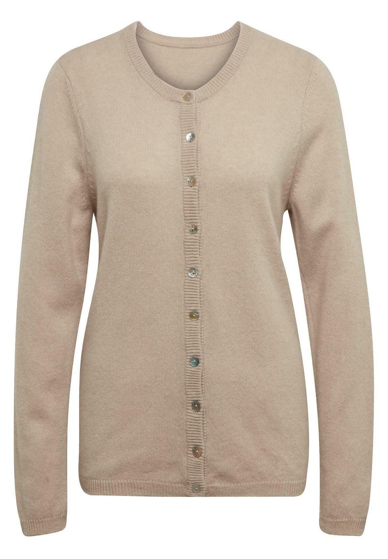 Beige Cardigan mit langen Ärmeln, rundem Ausschnitt und einer Knopfleiste, die mit bunten Knöpfen und gerippten Akzenten entlang der Öffnung versehen ist.