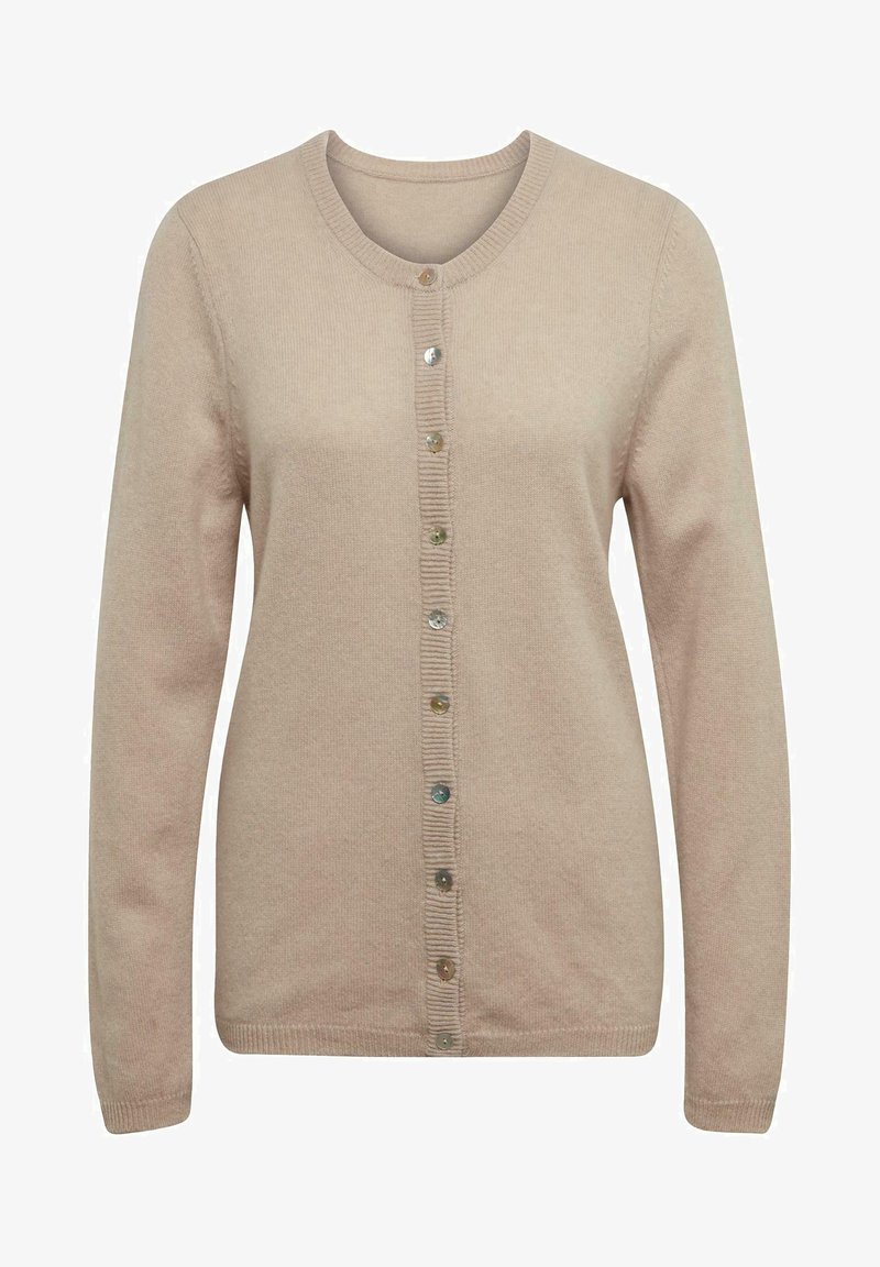 Beige Cardigan mit langen Ärmeln, rundem Ausschnitt und einer Knopfleiste, die mit bunten Knöpfen und gerippten Akzenten entlang der Öffnung versehen ist.