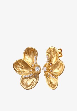 Gul blomstformede øreringe med teksturerede kronblade, pyntet med klare rhinsten i midten og langs kanterne.