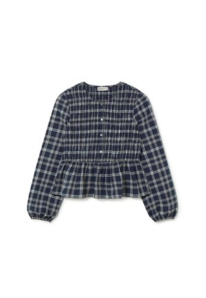 Blouse à carreaux marins avec des manches longues, un buste smocké et un ourlet à basque. Comprend des fermetures à bouton et des poignets de manche élastiqués.