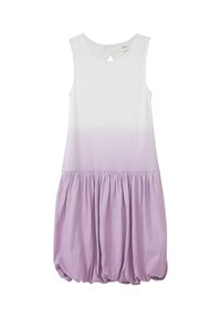 Robe sans manches en blanc et lavande avec un effet ombré, présentant une jupe froncée et un détail en forme de trou de serrure au dos. Tissu doux et extensible.