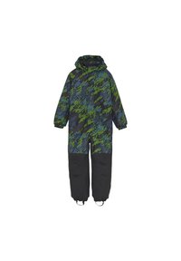 Kinderwinteranzug mit einem bunten blau-grünen, pixelierten Muster im oberen Bereich und festem schwarzen unteren Teil, ausgestattet mit Kapuze und elastischen Bündchen.