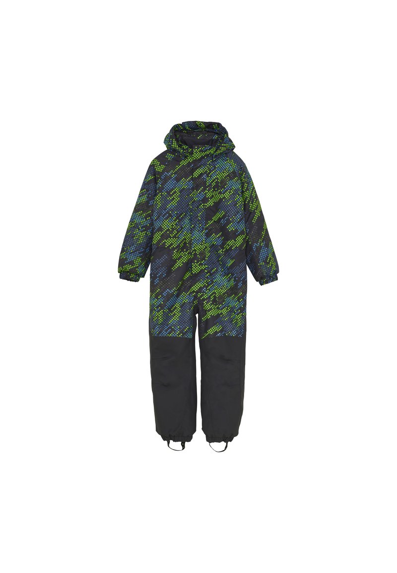 Kinderwinteranzug mit einem bunten blau-grünen, pixelierten Muster im oberen Bereich und festem schwarzen unteren Teil, ausgestattet mit Kapuze und elastischen Bündchen.