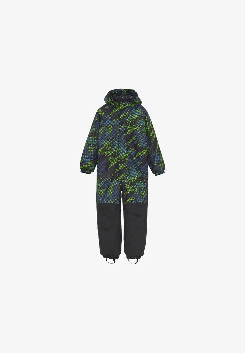 Kinderwinteranzug mit einem bunten blau-grünen, pixelierten Muster im oberen Bereich und festem schwarzen unteren Teil, ausgestattet mit Kapuze und elastischen Bündchen.