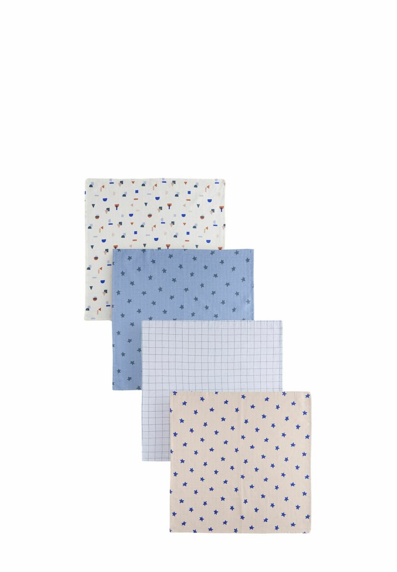 Set von vier Baumwollservietten in unterschiedlichen Farben: weiß mit Mustern, hellblau einfarbig und mit Sternen, gedämpftes Beige mit blauen Sternen sowie ein Gittermuster.