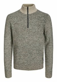 Sweter w szarej melanżowej dzianinie z beżowym wysokim kołnierzem i pół zamkiem. Posiada ściągacze przy mankietach i u dołu. Teksturowany, przytulny materiał.