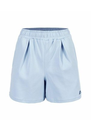 Shorts bleu clair en tissu doux, dotés d'un design plissé, d'une taille élastique et d'un petit logo sur le côté.
