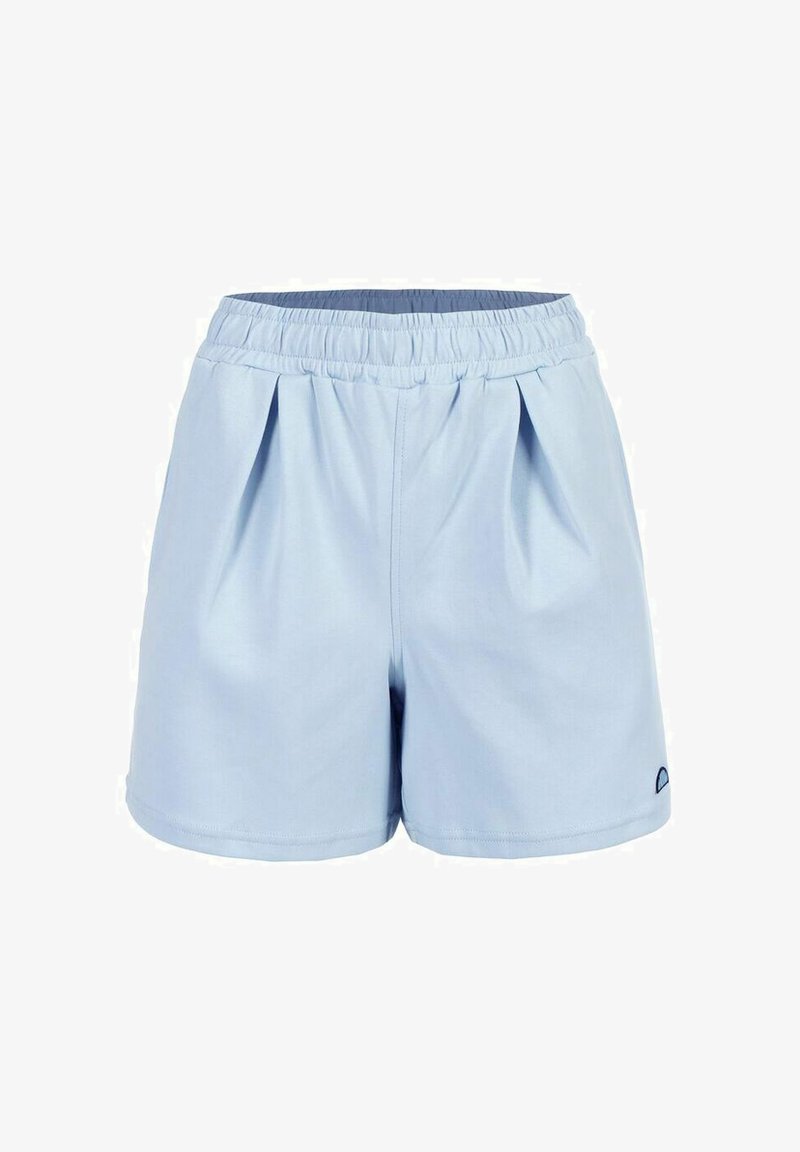 Shorts bleu clair en tissu doux, dotés d'un design plissé, d'une taille élastique et d'un petit logo sur le côté.