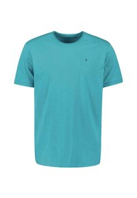 Turquoise katoenen T-shirt, korte mouwen, ronde halslijn, met een klein logo op de borst. Glad textuur, casual pasvorm.
