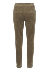 Pantaloni in corduroy marroni con vestibilità slim, dotati di due tasche posteriori e una texture liscia, che si fermano appena sopra la caviglia.