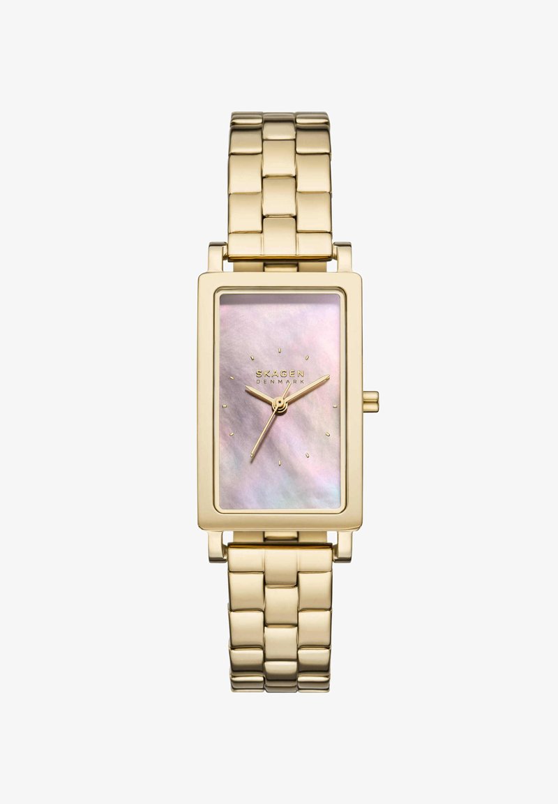 Gold-tone rectangular wristwatch with linked bracelet, pink mother-of-pearl dial, gold markers, and three hands by Skagen Denmark.