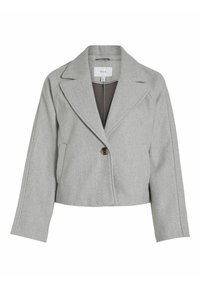 Krátká šedá bunda vyrobená z měkké tkaniny, s vykrojeným límcem, bočním zapínáním na jeden knoflík a kapsami po stranách. Hladký povrch s minimem švů.