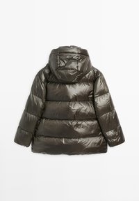 Shiny dark green padded winter jacket with horizontal quilting and attached hood, displayed from the back on a white background.