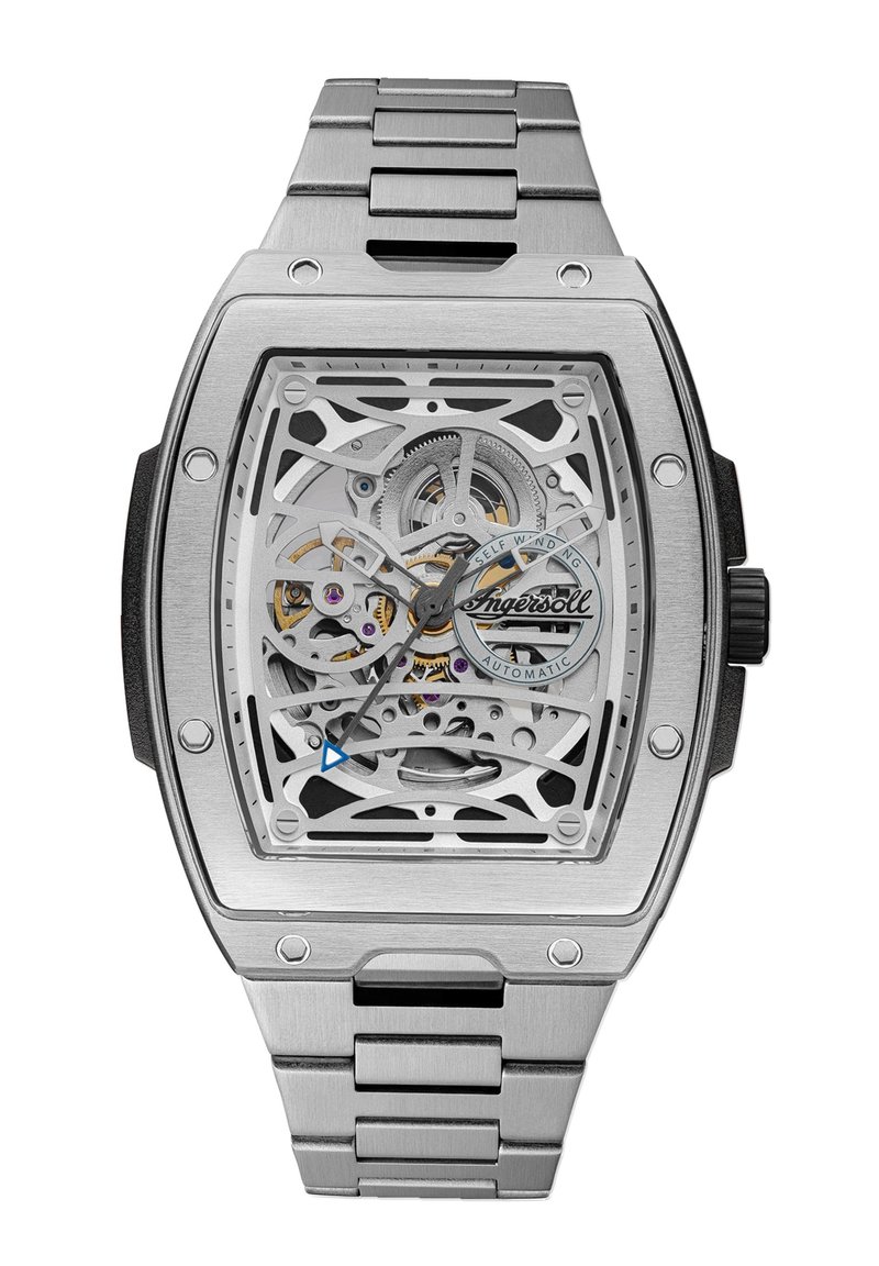 Vastschriftin van roestvrij staal met een vierkante wijzerplaat, transparante wijzerplaat die complexe tandwielen onthult, blauwe en zilveren accenten, en een schakelarmband.