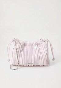 Pale pink pleated handbag with a gathered top, silver chain strap, and subtle metallic hardware at the front. Soft texture.