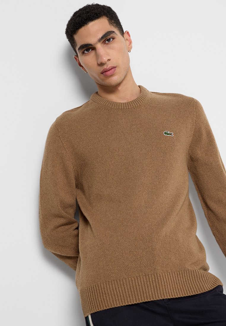 Giovane uomo appoggiato a una parete bianca, indossa un maglione a girocollo marrone cammello con un piccolo logo di coccodrillo verde sul petto.