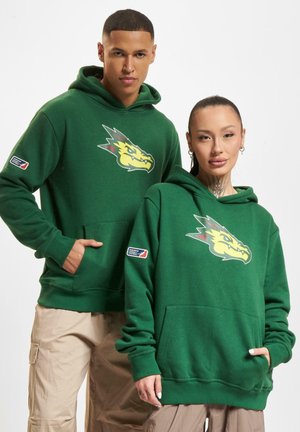 Sweatshirt à capuche verte avec un logo de dragon sur la poitrine, poches avant, poignets côtelés et une étiquette sur la manche. Texture douce.