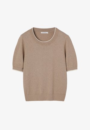 Beežist varrukateta lühikeste varrukatega kootud kampsun ümara kaelusega ja varrukatel kontrastse heleda äärisega. Pehme tekstuur, voolujooneline disain.