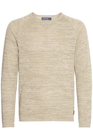 Beige kudumi, millel on tekstuurne muster, ümar kaelus, pikad varrukad ja soonikud varrukaotstes. Alumisel serval on väike logo silt.