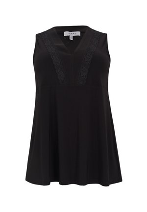 Blouse noire sans manches avec encolure en V et bordure en dentelle florale le long de la poitrine, coupe ample avec un ourlet légèrement évasé.