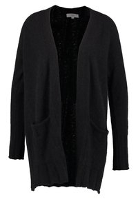 Černý cardigan z měkk�é texturované látky. Design s otevřeným předním dílem a dlouhými rukávy, se dvěma předními kapsami. Bez zapínání.