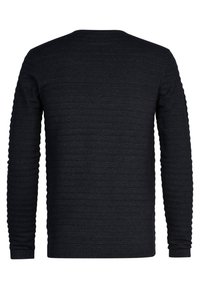 Maglione nero a costine con maniche lunghe. Motivo testurizzato su tutta la superficie, scollo a girocollo e polsini aderenti. Materiale morbido, design casual.