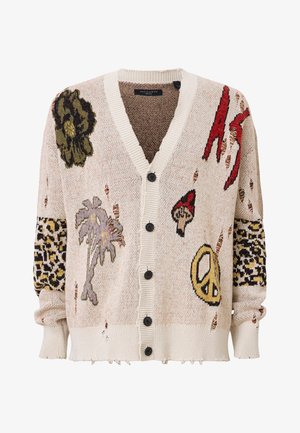 Gilet en maille crème avec broderies multicolores. Il possède un col en V, une fermeture à boutons et des motifs d'accent distinctifs sur les manches.
