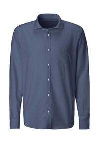 Navyblaues Langarmhemd aus glattem Stoff, mit einem umlegbaren Kragen, einer Brusttasche und weißen Knöpfen entlang der Knopfleiste.