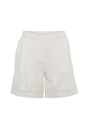 Pehmeät, teksturoidut kermanväriset shortsit, joissa on joustava vyötärö. Kevyt kangas, jossa on hieno kiilto, rento istuvuus ja polven pituinen leikkaus.