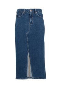 Denim kokerrok in donkerblauw, midi-lengte met een voorzicht, vijf zakken ontwerp, contrasterende stiksels en metalen hardware accenten.