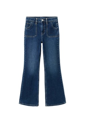 Jean évasé en denim bleu foncé avec poches avant, passants pour ceinture et fermeture par boutons, présenté à plat sur fond blanc.