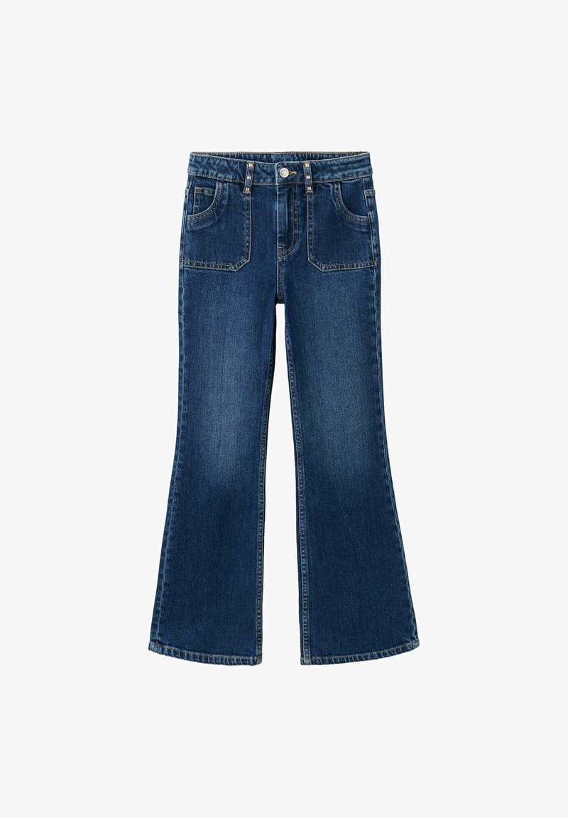 Jean évasé en denim bleu foncé avec poches avant, passants pour ceinture et fermeture par boutons, présenté à plat sur fond blanc.