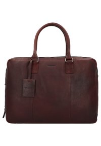 Borsa per laptop in pelle marrone con doppio manico, chiusura con zip e etichetta pendente. Finitura testurizzata con dettagli di cucitura sottili.