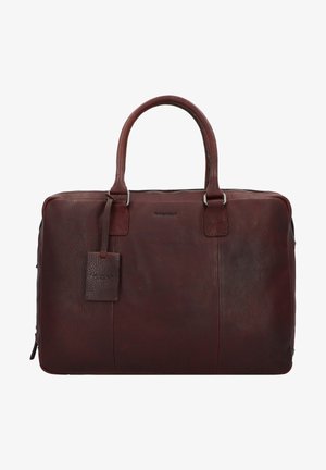 Sac à dos en cuir marron pour ordinateur portable avec deux poignées, une fermeture éclair et une étiquette suspendue. Fini texturé avec de subtils détails de couture.
