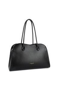 Sac à main en cuir noir avec deux longues anses, forme ronde structurée et logo doré "LANCASTER PARIS" sur le devant.