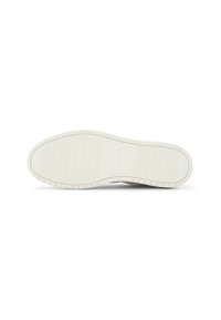 Semelle de chaussure en crème clair avec une semelle en caoutchouc à motif, présentant une surface d'adhérence texturée et un logo en relief.